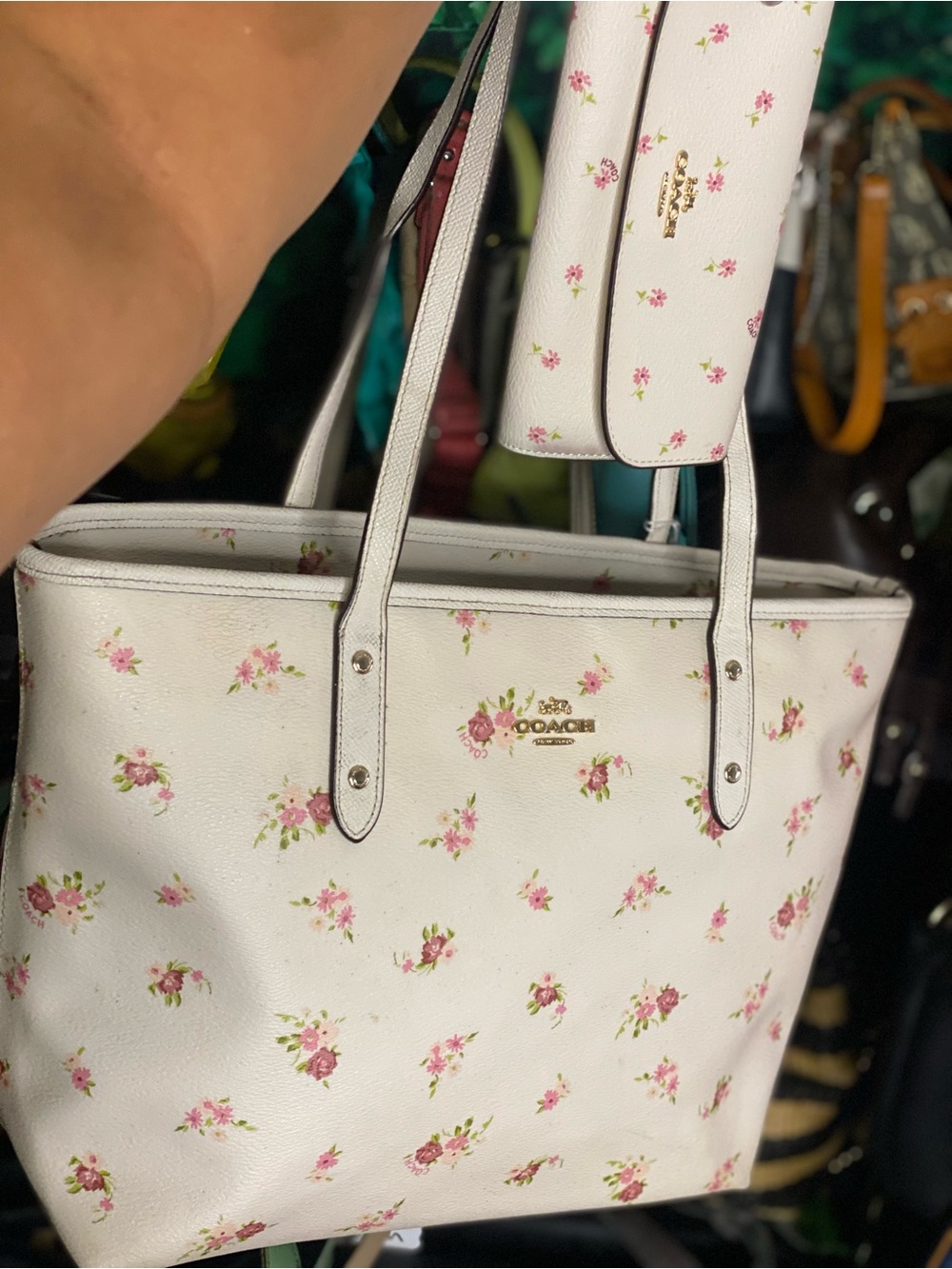 Coach Off White Tote with Pink Floral Print and Matching Wallet